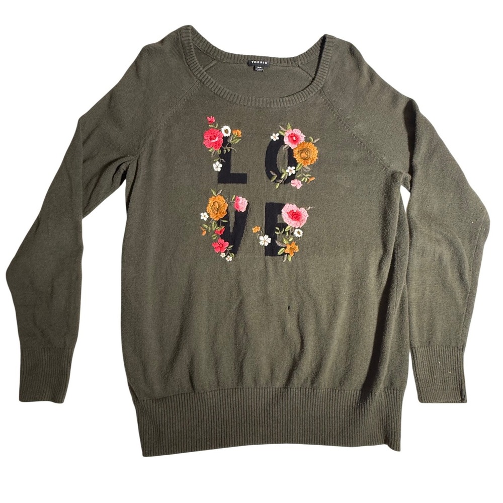 Torrid Olive Green Floral LOVE Embroidered Cotton Sweater Size 00
